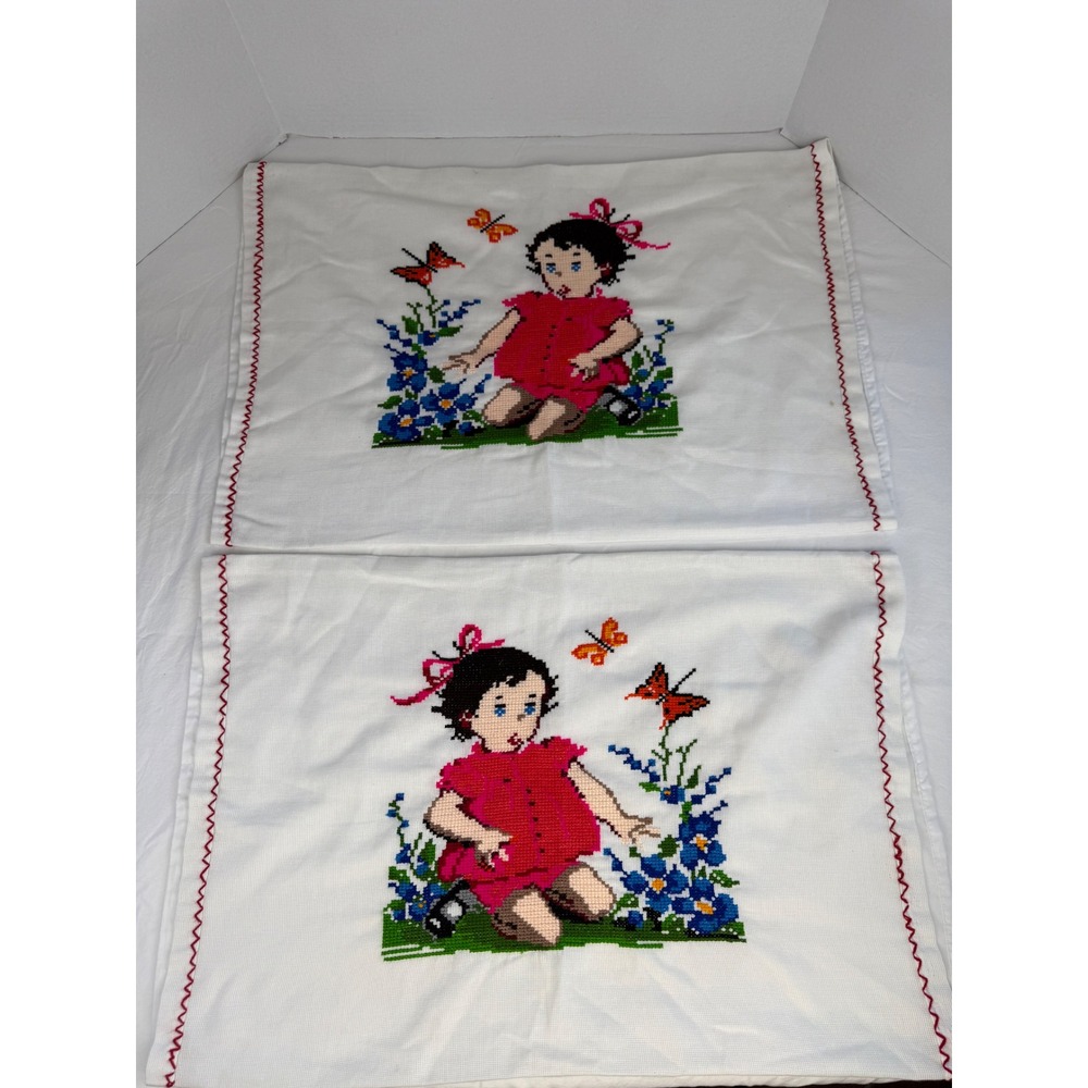 Vintage Hand Stitched Cross Stitch Pillowcases Pair Girl Flowers Butterflies Red